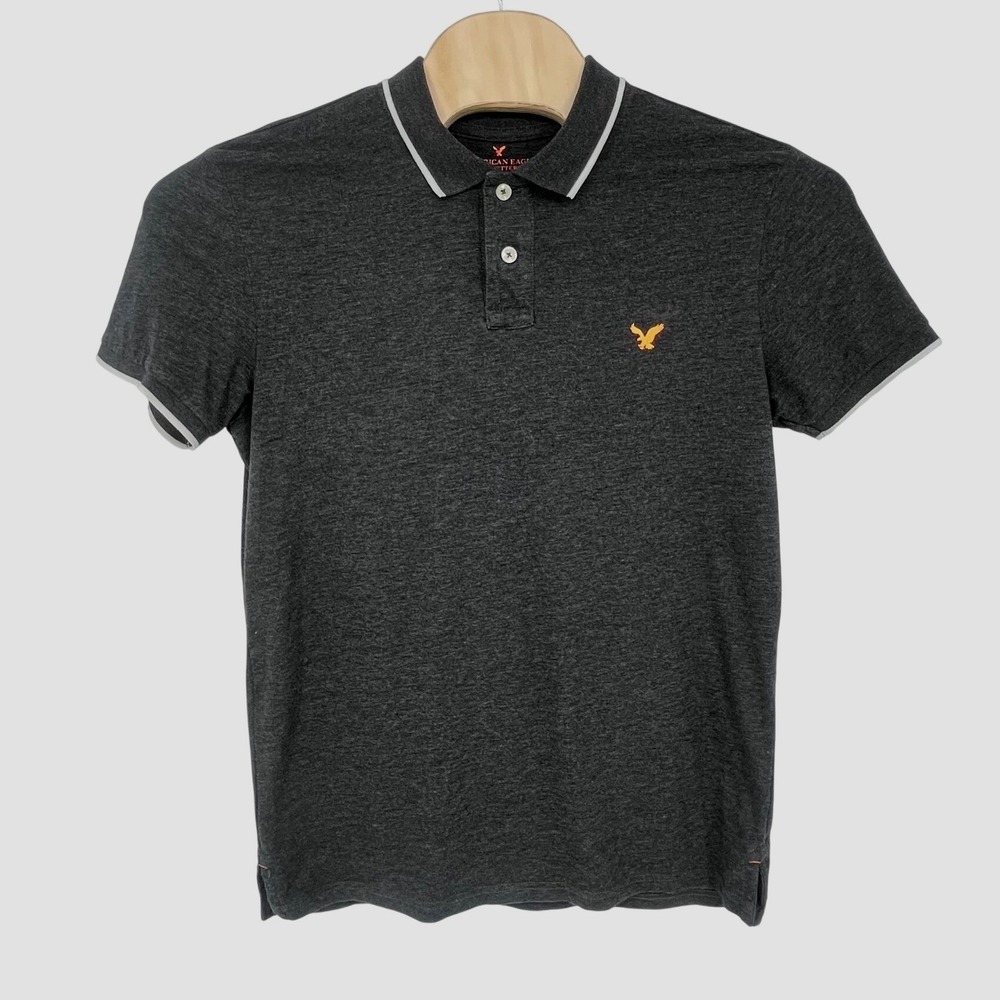 American Eagle Polo Shirt Mens Large Charcoal Gray Slim Fit Preppy‎ Casual